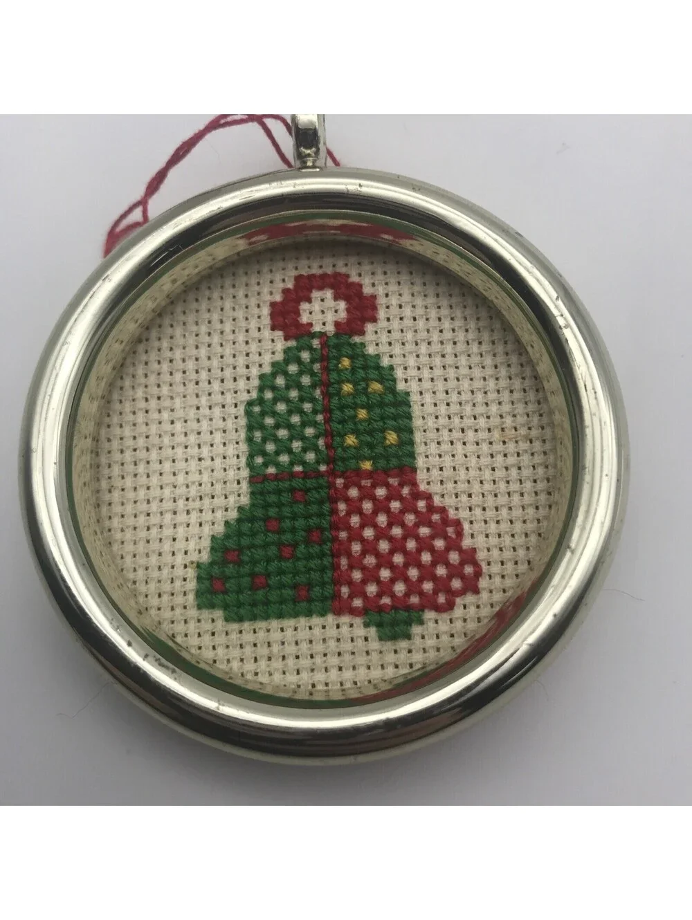 Vtg Cross stitch Christmas Ornaments Mini Frames Lot of 2 Bell Rocking Horse 2”
